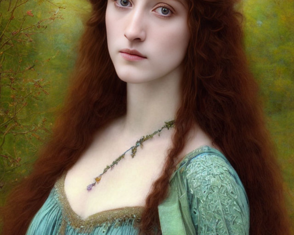 Woman with Long Red Hair in Vintage Green Dress and Blue Eyes