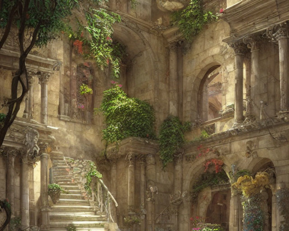 Ancient stone courtyard with overgrown greenery, spiral staircases, figures, and a horse