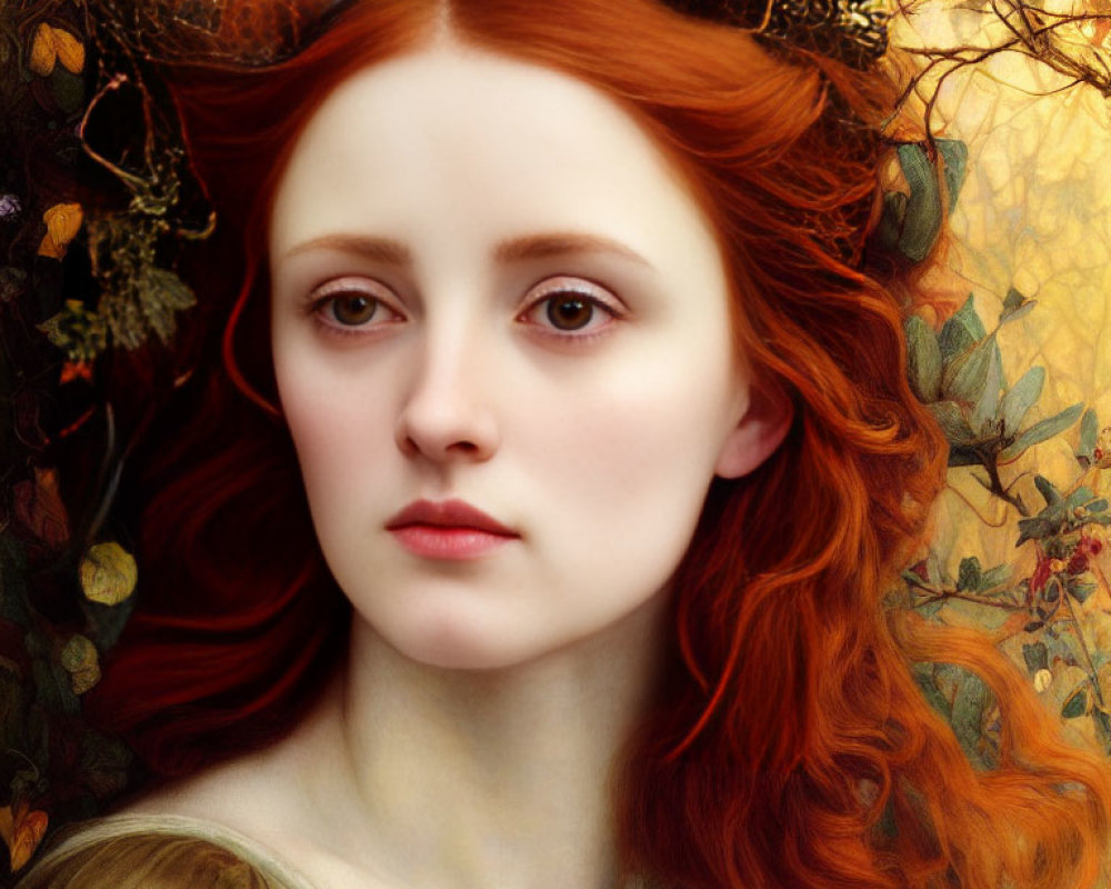 Portrait of Woman with Red Hair Surrounded by Autumn Leaves