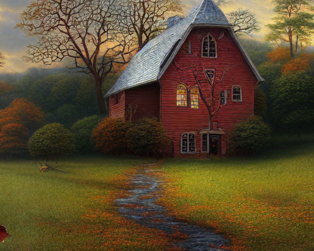 Red house with spire roof in serene autumn landscape, winding path, bare trees, colorful dusk sky