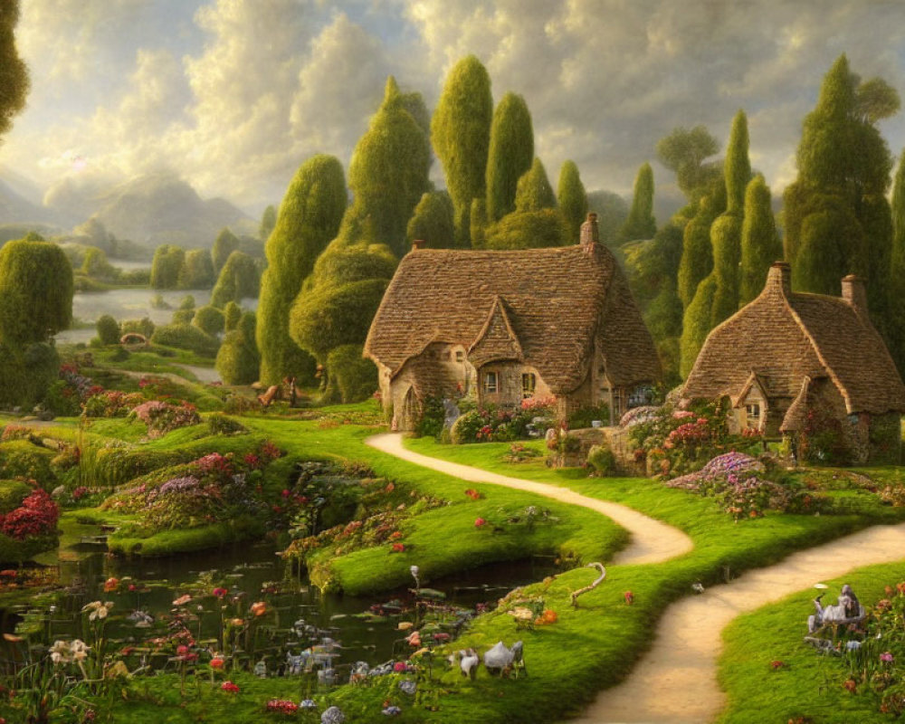 Tranquil pastoral scene with thatched cottages, winding path, lush greenery, colorful flowers