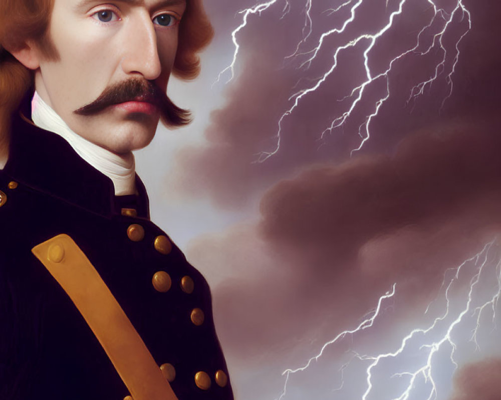 Portrait of a man with mustache in military uniform with lightning backdrop