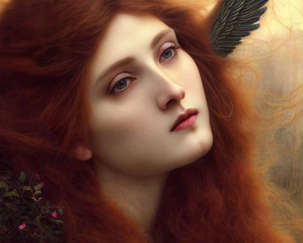 Digital painting of woman with red hair and feather in warm backdrop