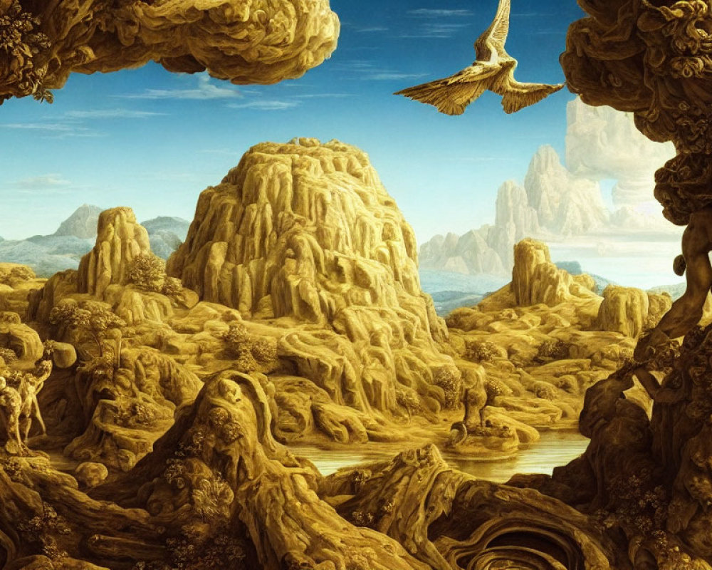 Surreal landscape with twisted rock formations and flying bird