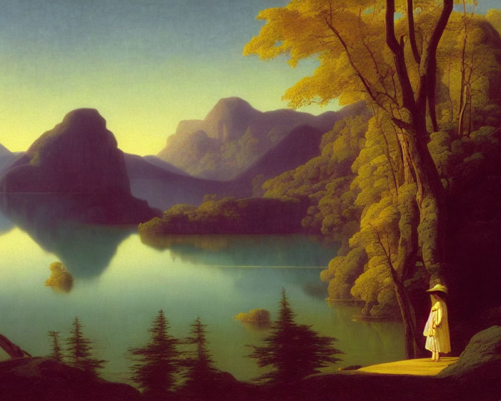 Serene lake view with figure in white, lush greenery, and misty mountains at golden hour