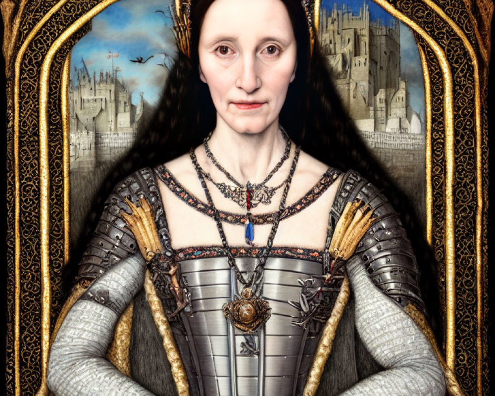 Medieval armor-clad woman with crown in gothic castle setting.