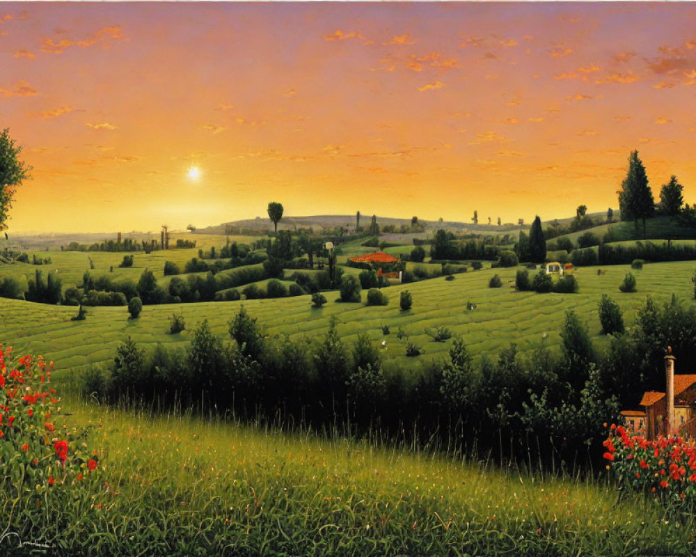 Picturesque Tuscan Landscape: Sunset, Rolling Hills, Vineyards, Cypress Trees