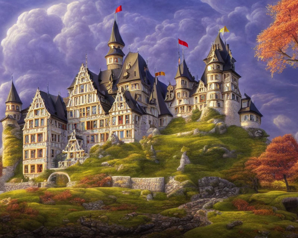 Majestic castle with spires and red flags on hill amid autumn trees under dramatic sky