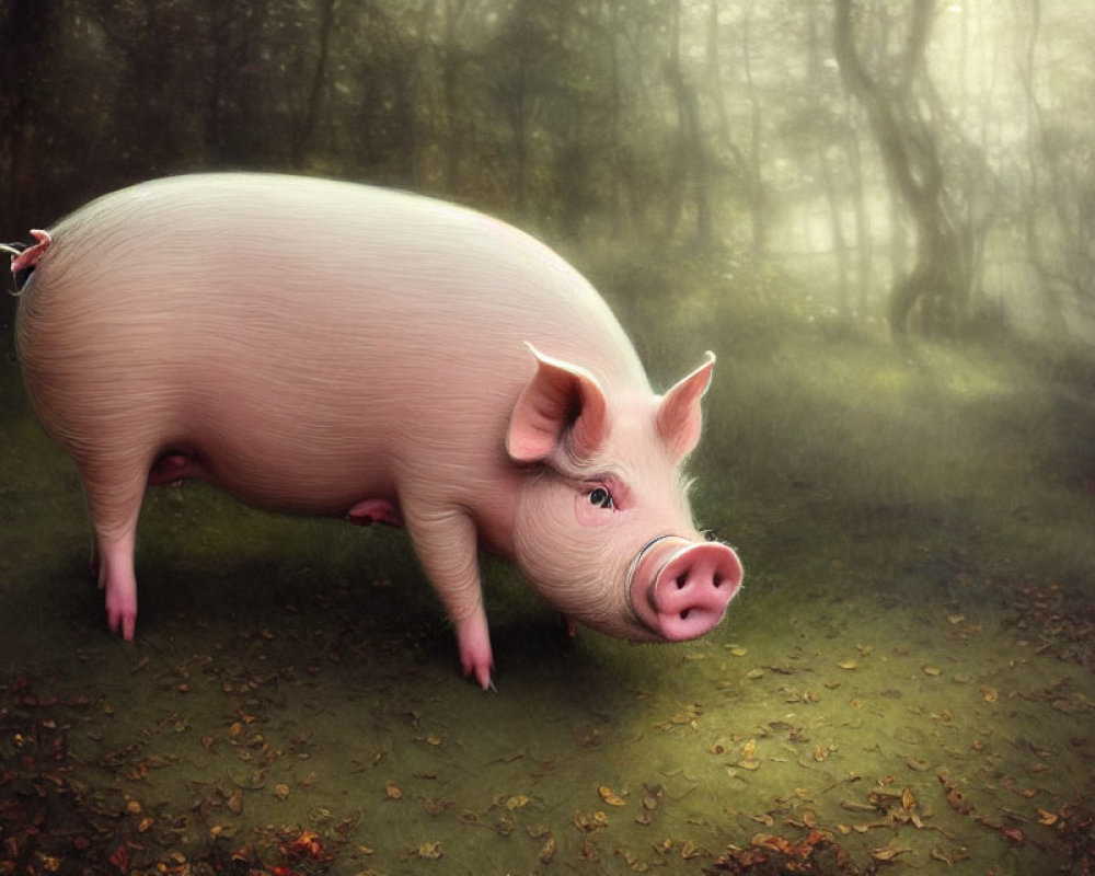 Plump pink pig in misty forest with fallen leaves