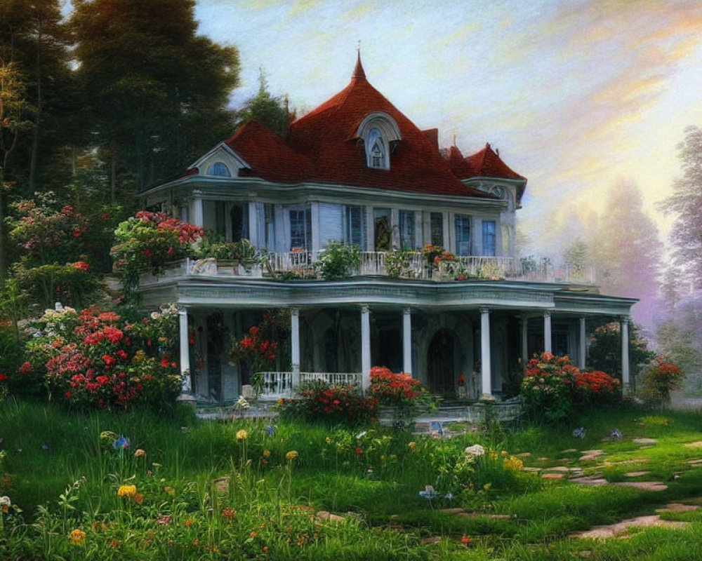 Victorian-style house in lush garden at dusk with blooming flowers