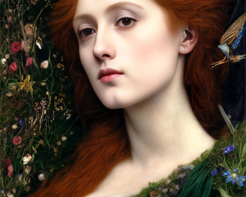 Young woman portrait with red hair and serene expression, surrounded by flora and fauna details