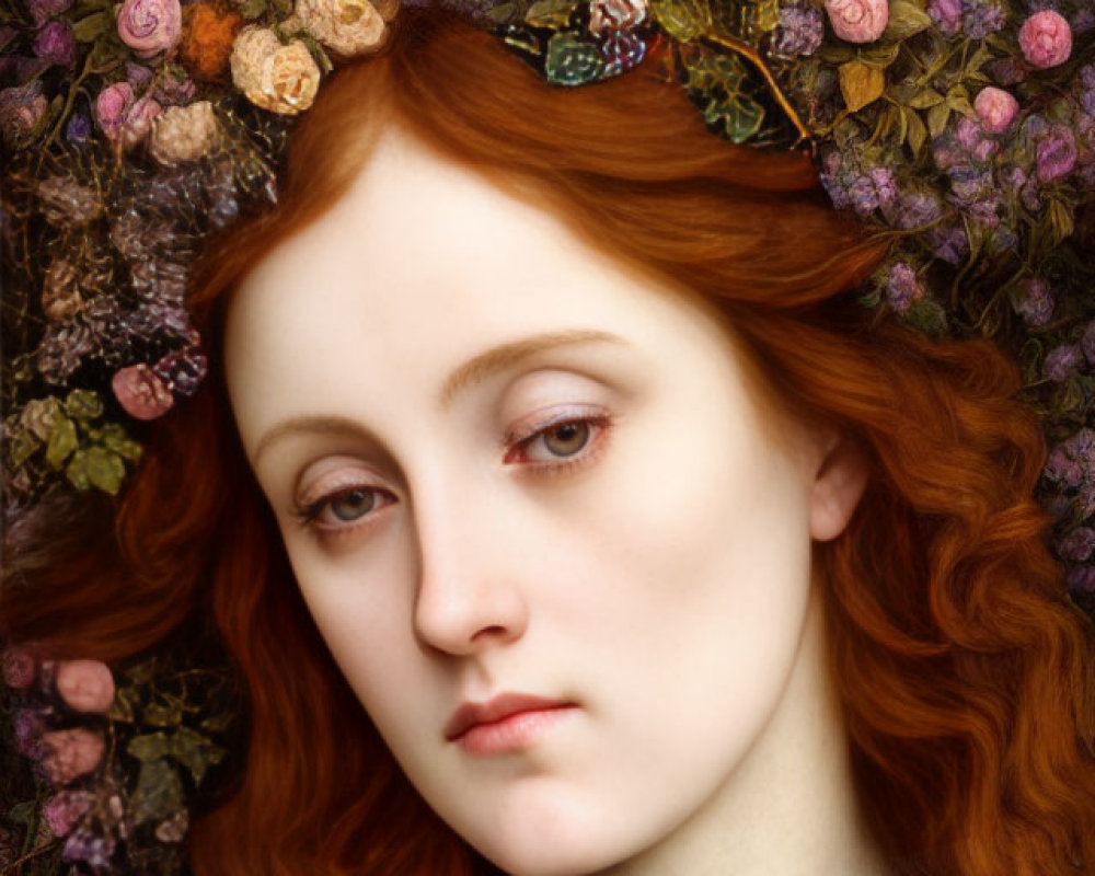 Portrait of Woman with Long Red Hair and Flower Crown