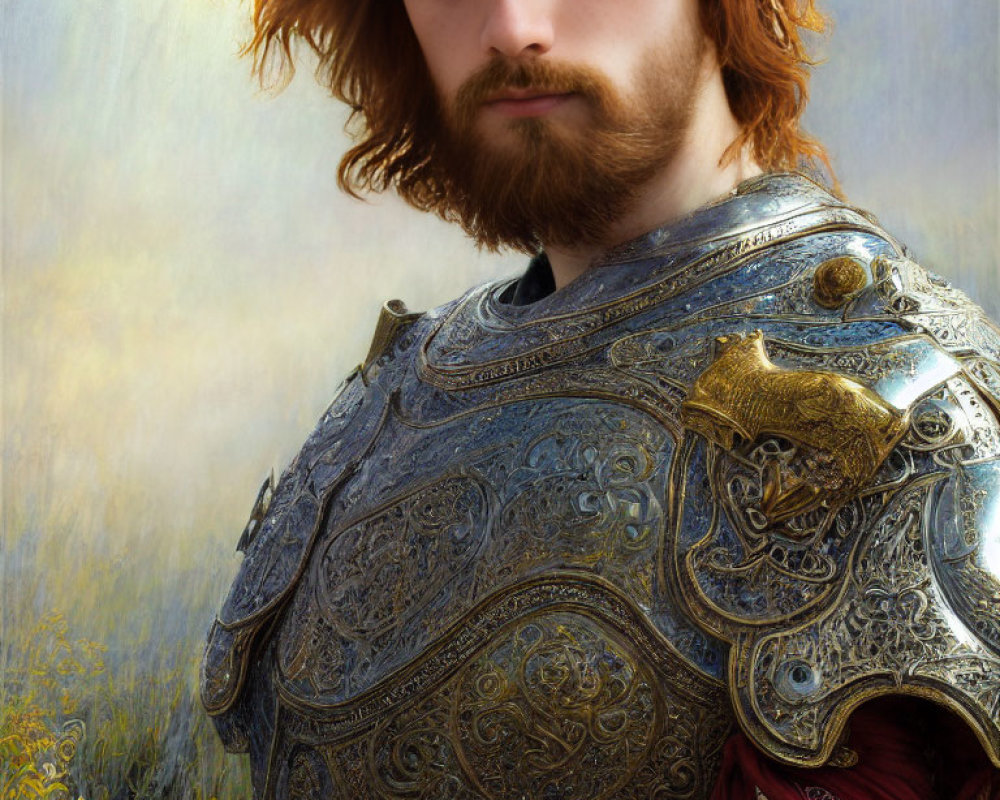 Bearded young man in ornate medieval armor gazes intensely.