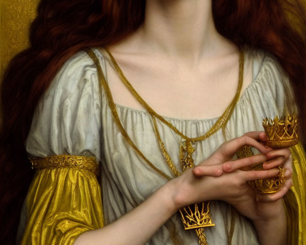 Red-haired woman in vintage attire holding a golden crown