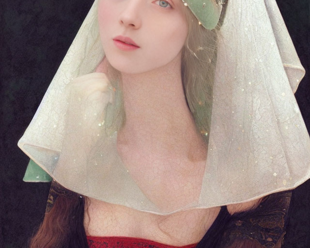 Pale-skinned woman in medieval attire with blue eyes and red bodice, appearing contemplative