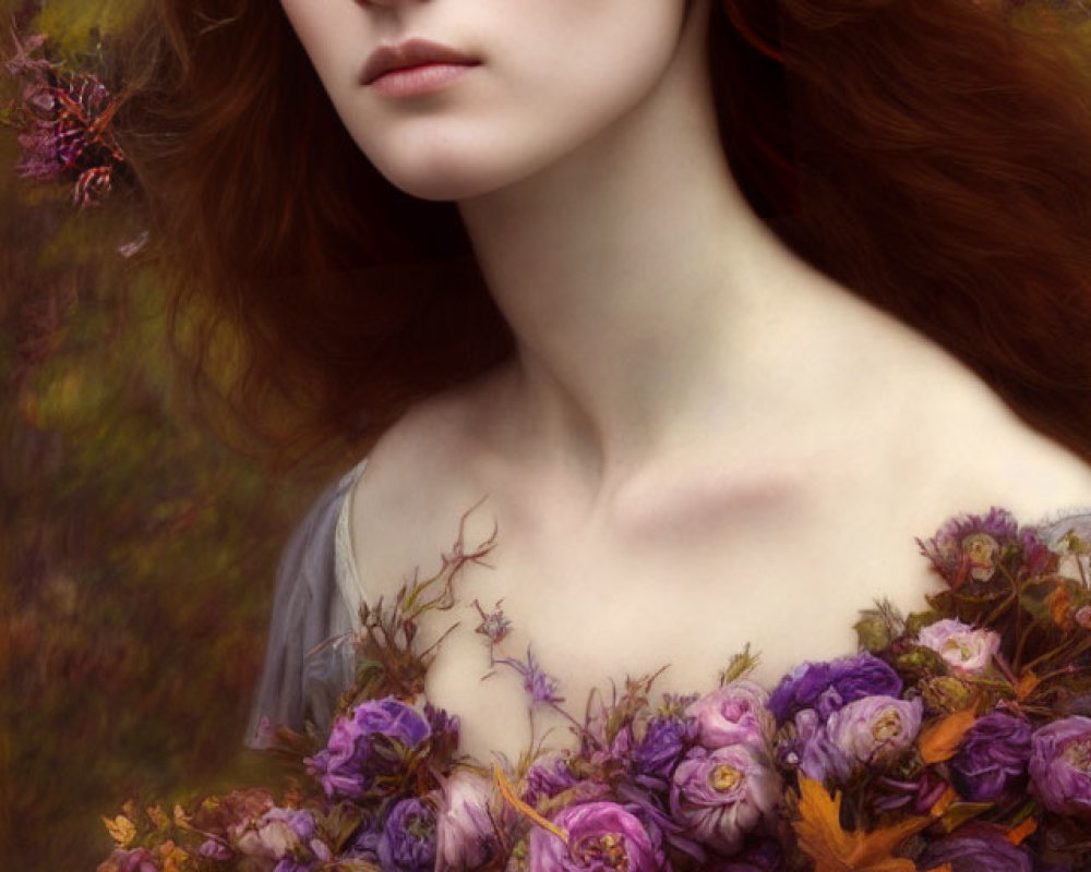 Portrait of Woman with Red Hair and Autumn Leaves, Purple Roses Dress