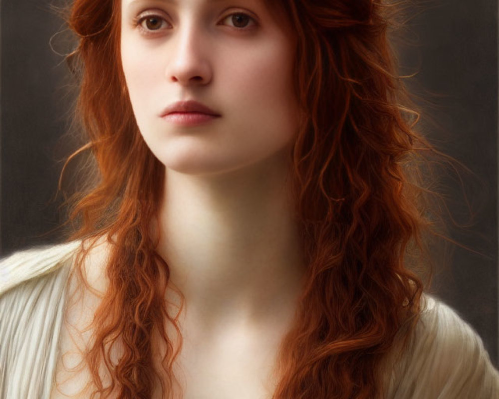 Woman with Long Curly Red Hair in Vintage Cream Dress