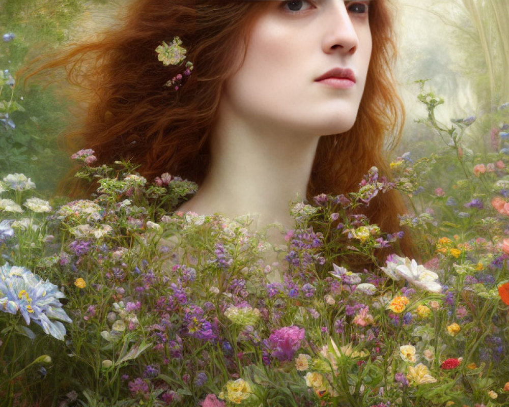 Fiery red-haired woman surrounded by delicate wildflowers