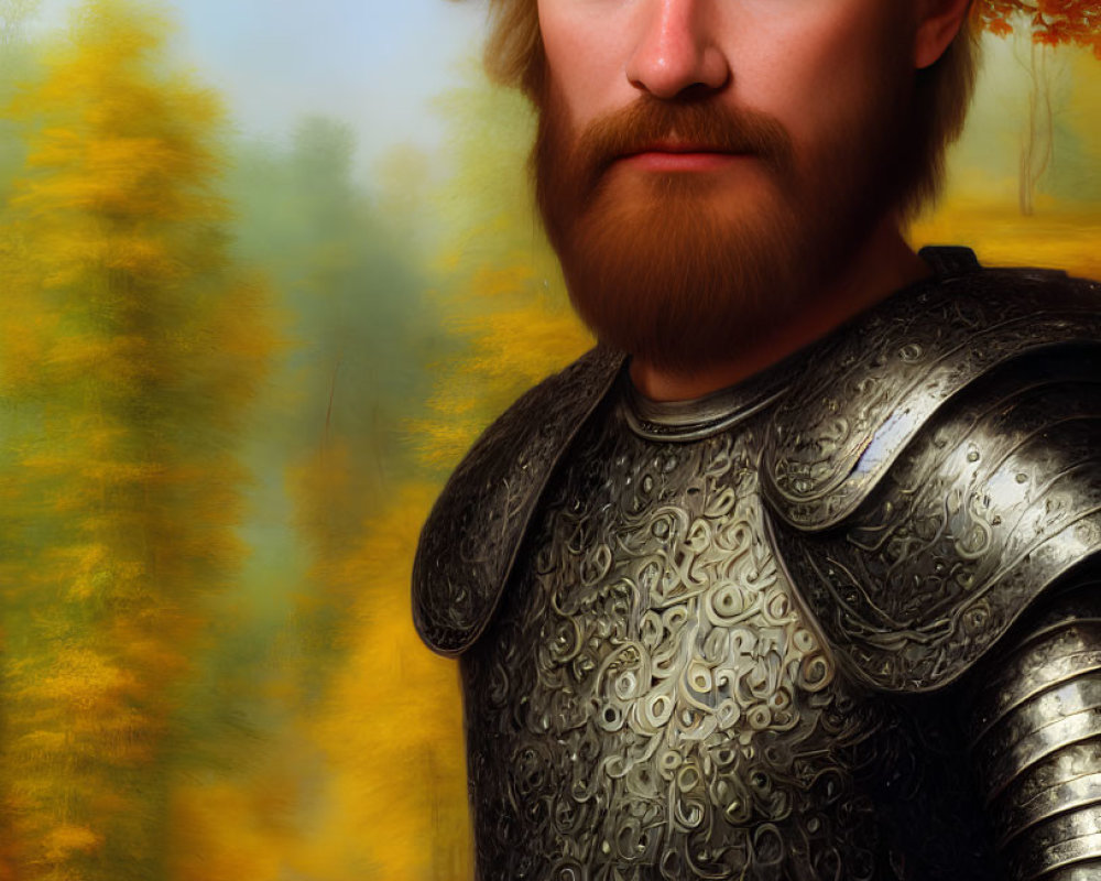 Bearded knight in ornate armor against autumn forest.