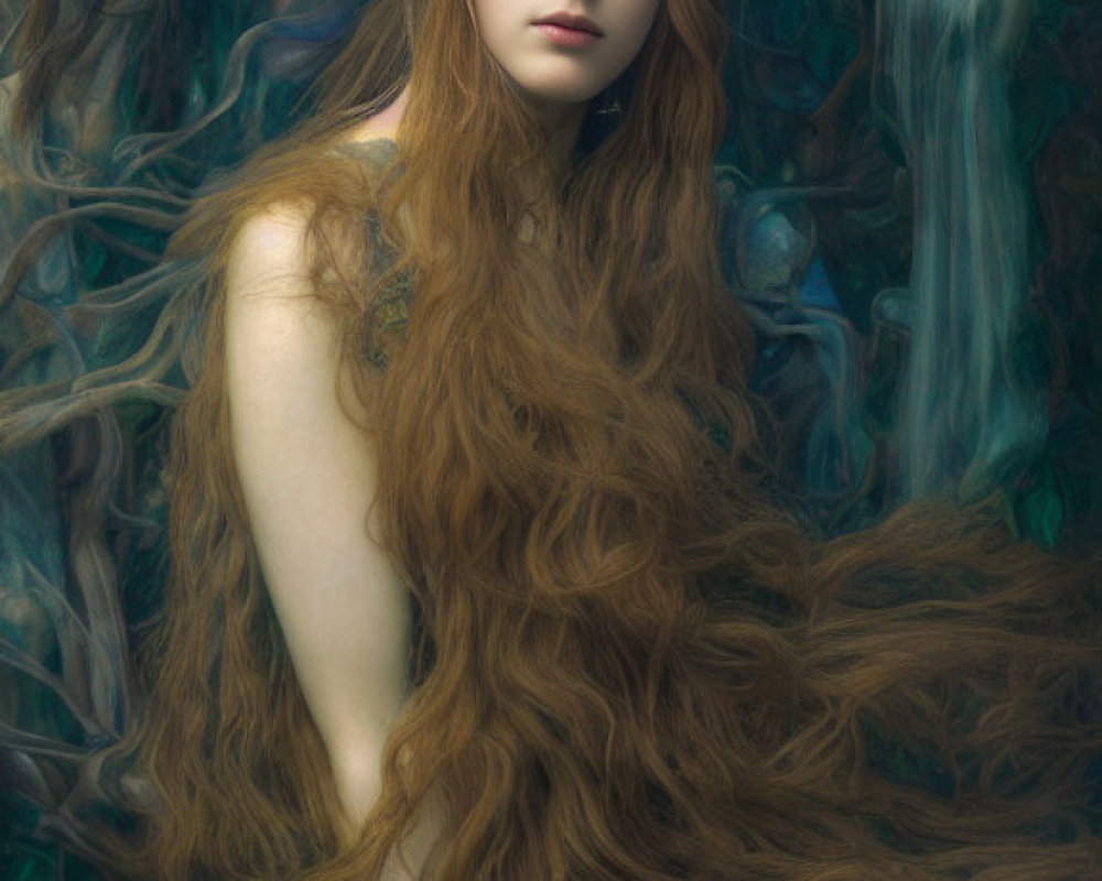 Auburn-Haired Woman with Golden Headpiece in Mystic Forest