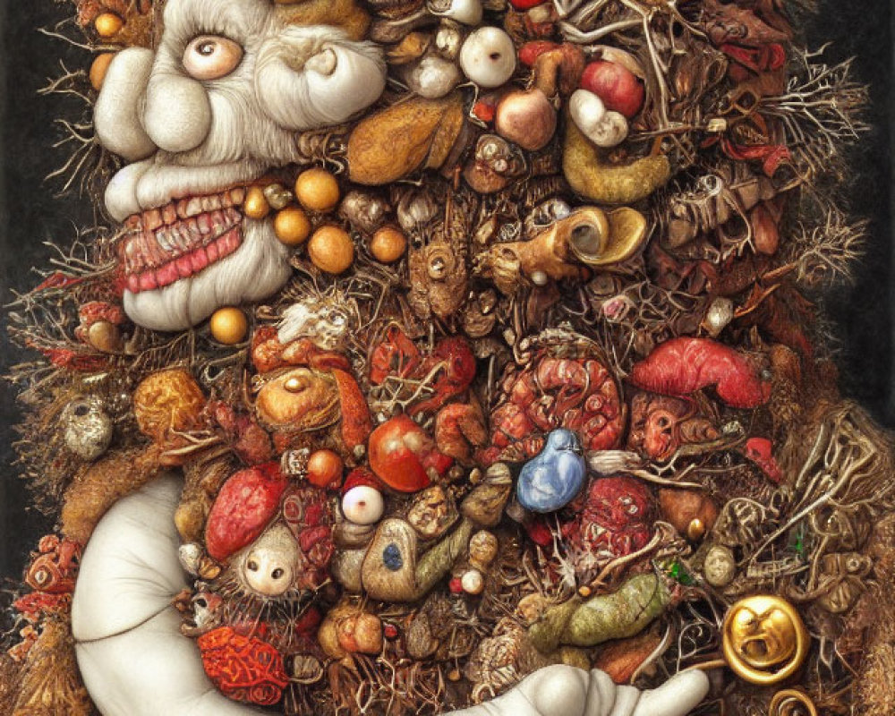 Intricate artwork featuring hidden face among assorted objects