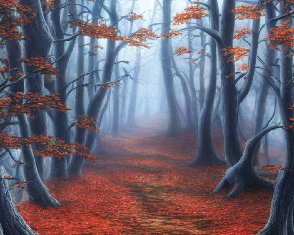 Misty autumn forest path with leafless trees and red leaves