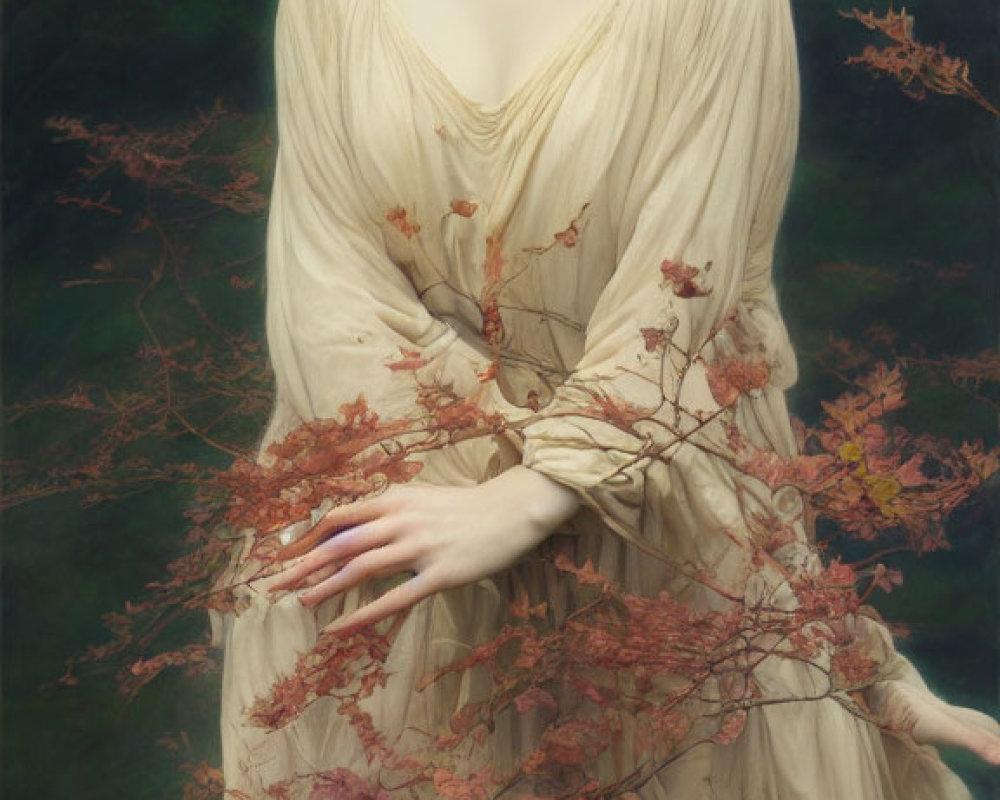 Woman with Red Hair in Autumn Leaf Gown Stands in Forest