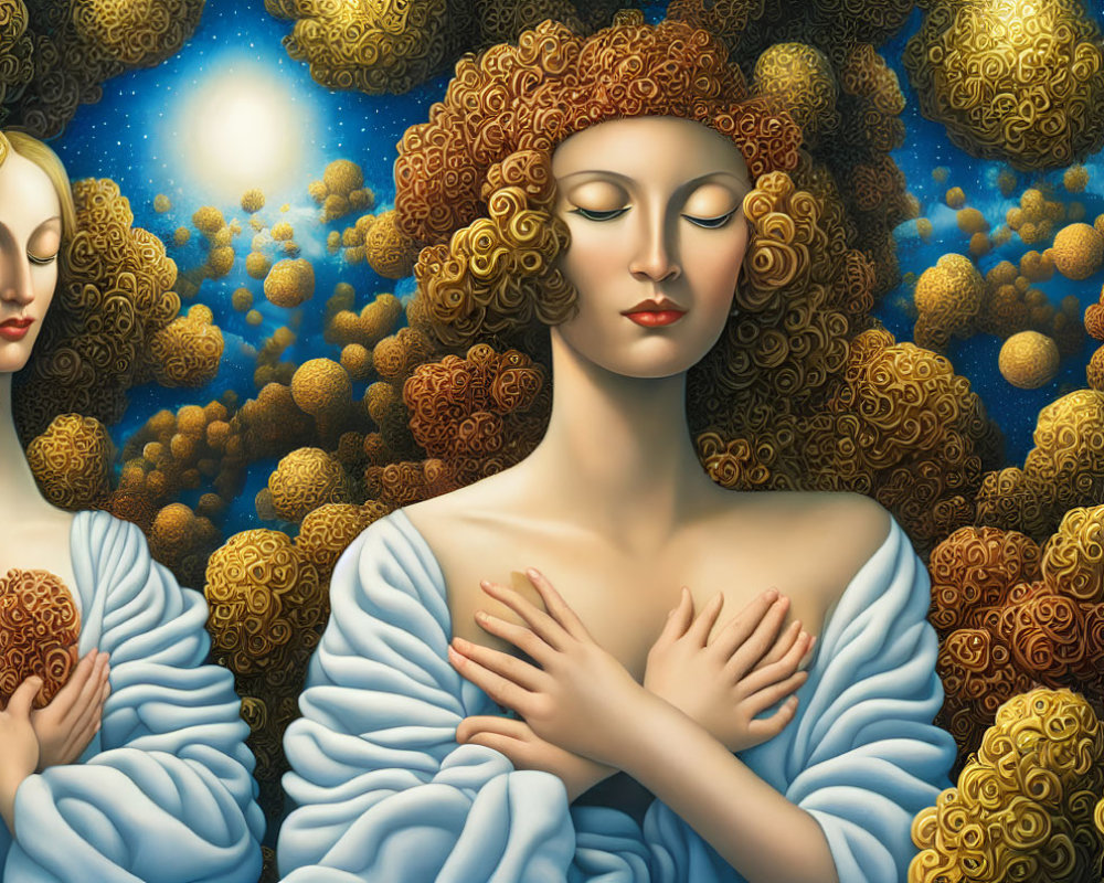 Surreal artwork of two women with curly hair in golden spheres under starry sky