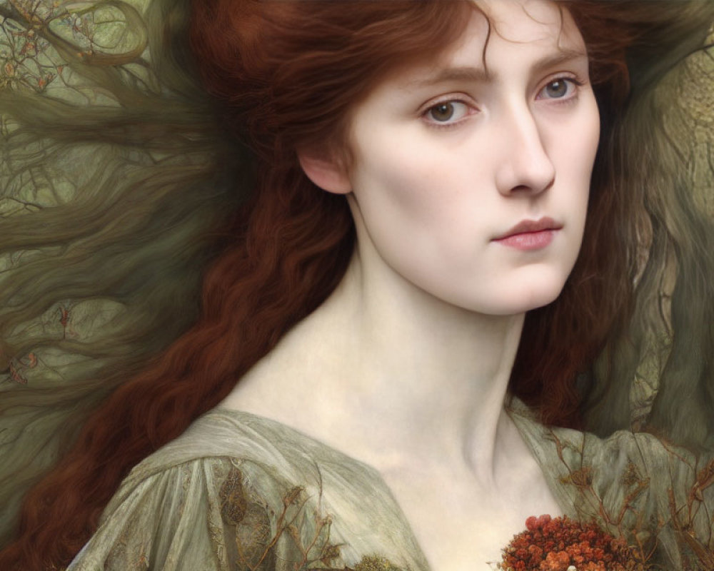 Portrait of Woman with Flowing Red Hair in Green Dress with Flowers