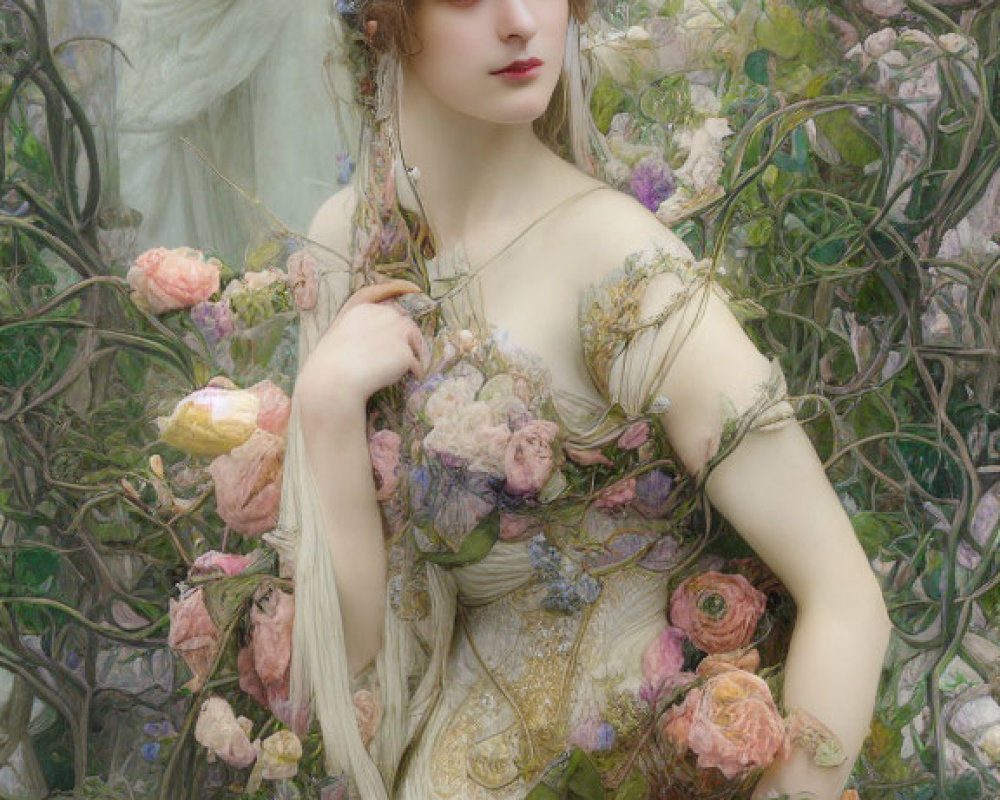 Woman in floral wreath surrounded by roses and foliage in serene garden