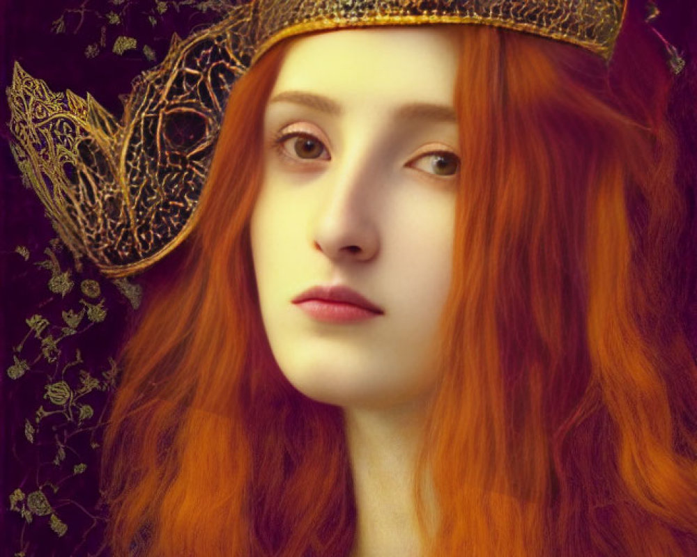 Portrait of person with long red hair in golden crown against dark floral background