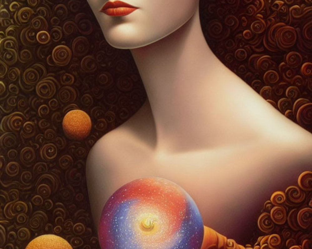 Stylized portrait of woman with ornate hair and cosmic sphere in warm hues