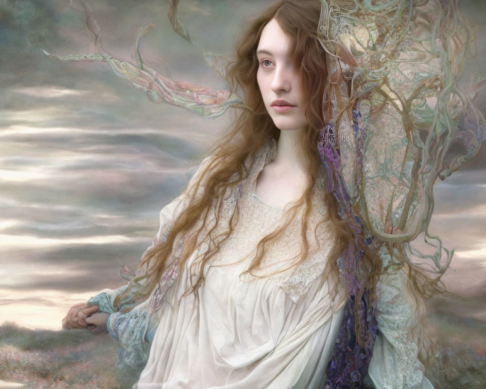 Woman with flowing hair in ethereal gown under dreamy sky