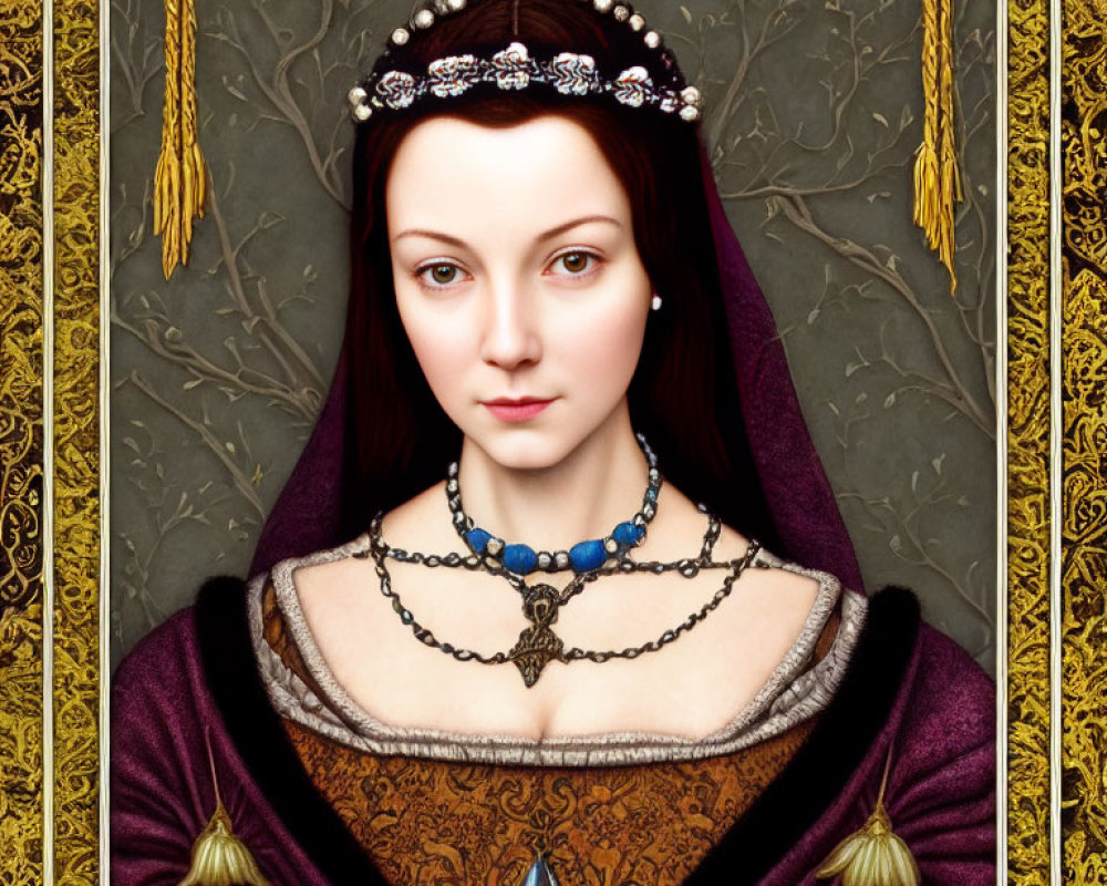 Regal woman portrait in purple gown and bejeweled headpiece