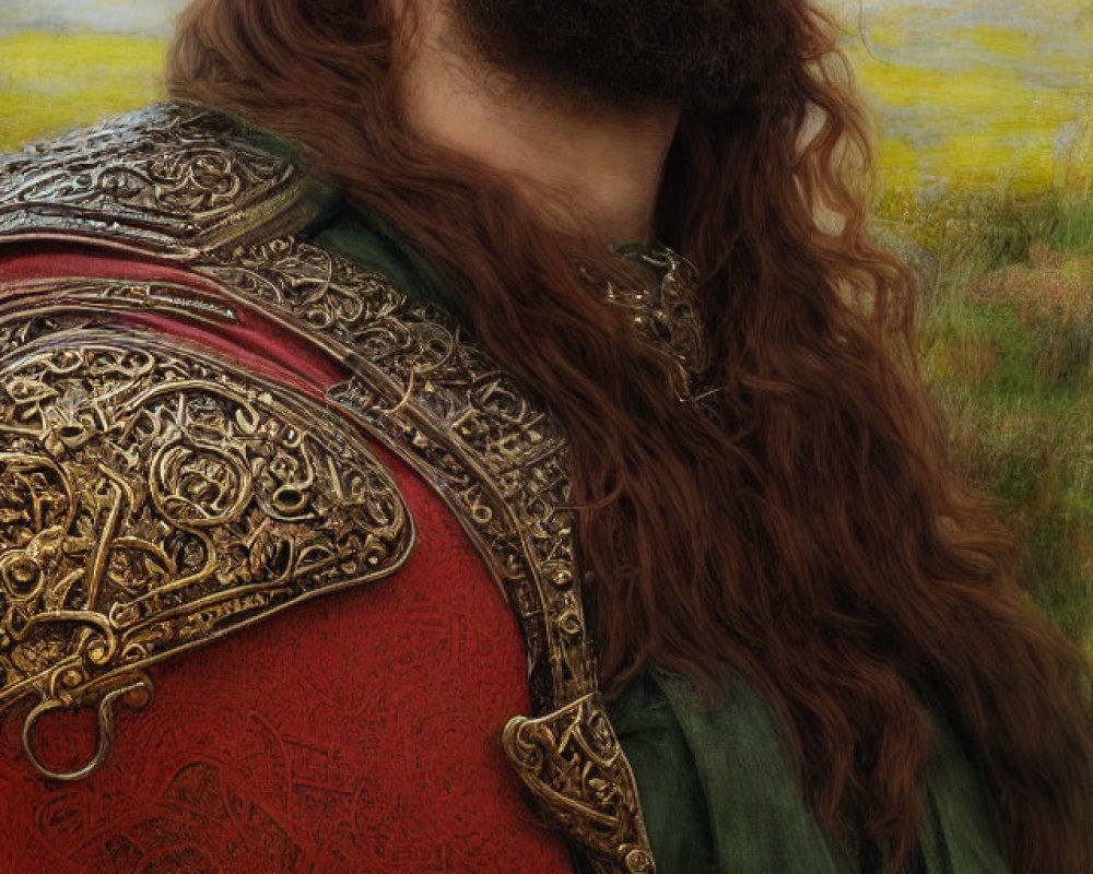 Bearded man in historical armor with ornate patterns in a natural setting