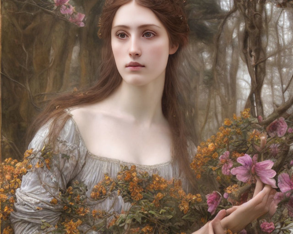 Woman with Floral Crown in Dreamy Forest Holding Blossom Branch