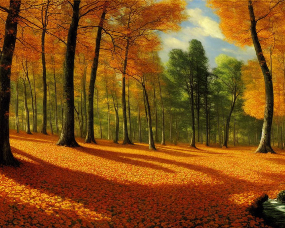 Tranquil autumn forest with tall trees and golden leaves