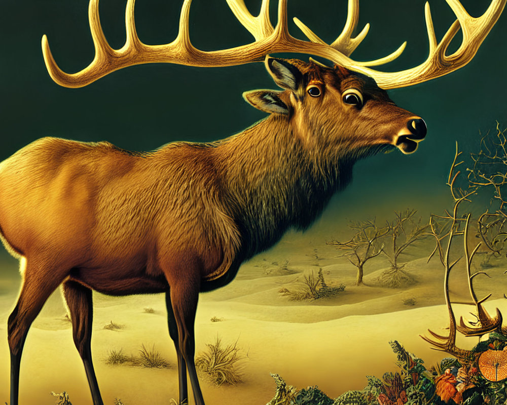 Majestic stag with sprawling antlers in surreal desert landscape