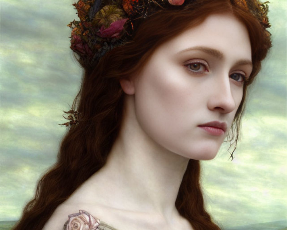 Red-haired woman with flower crown against cloudy sky.