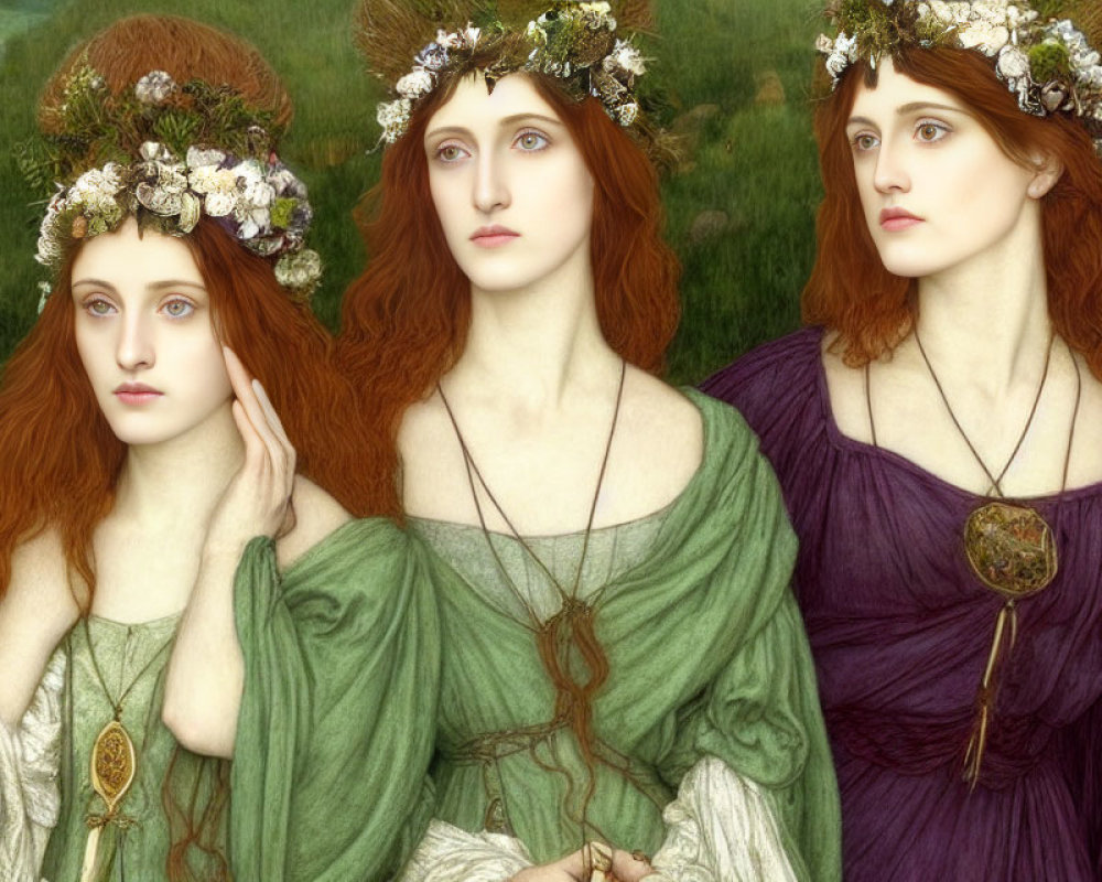 Three women in floral crowns and flowing robes in a green field - Pre-Raphaelite style.