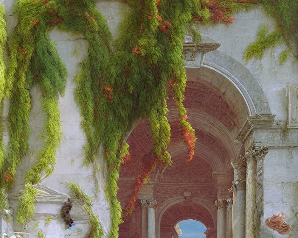 Classical stone structure entrance with lush greenery, red flowers, and statues