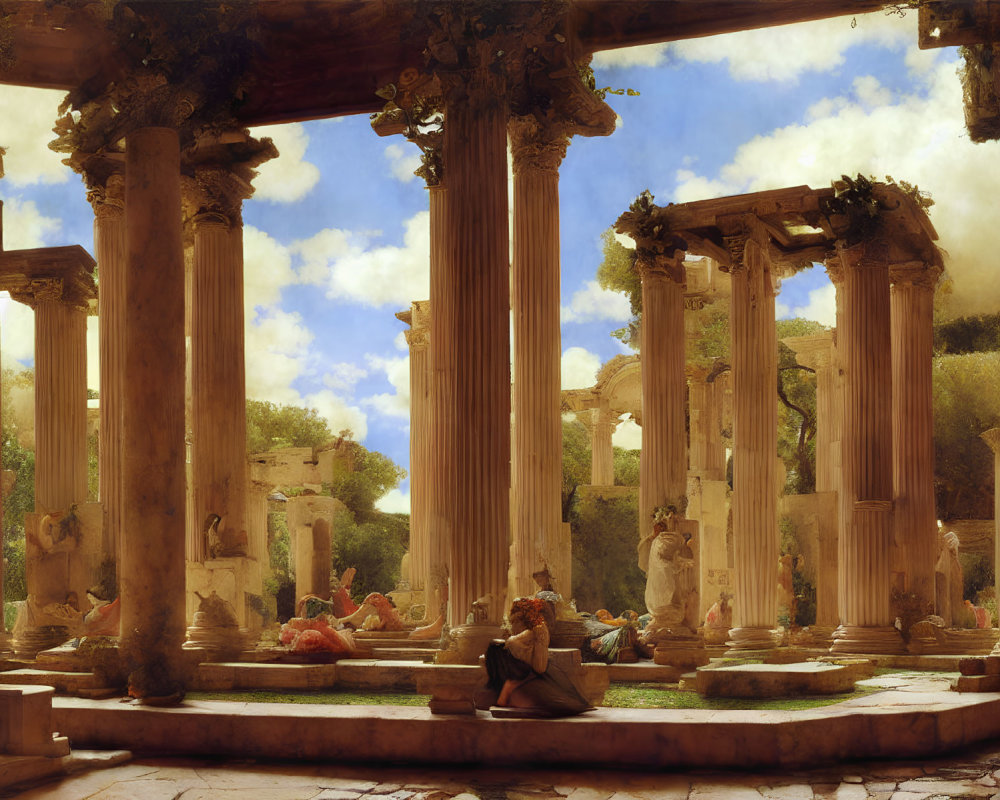 Ancient Roman-inspired scene with Corinthian columns and people in classical attire conversing around a fountain.