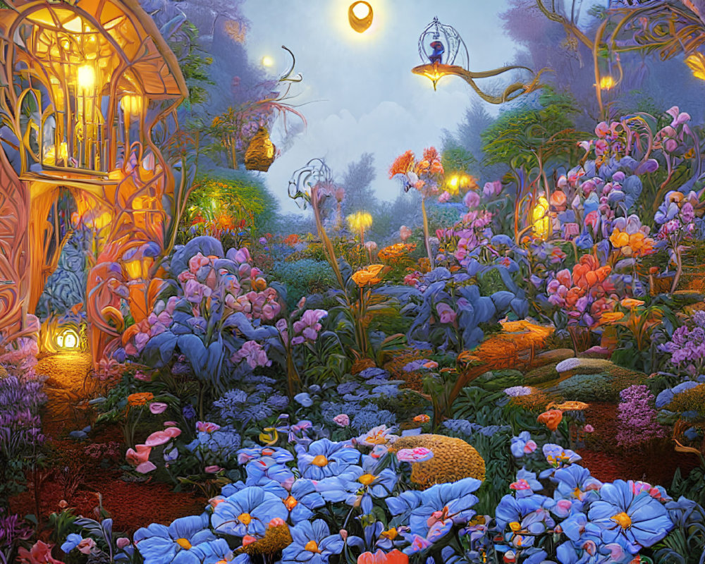 Twilight garden scene with vibrant flowers, whimsical lights, and crescent moon above ornate doorway