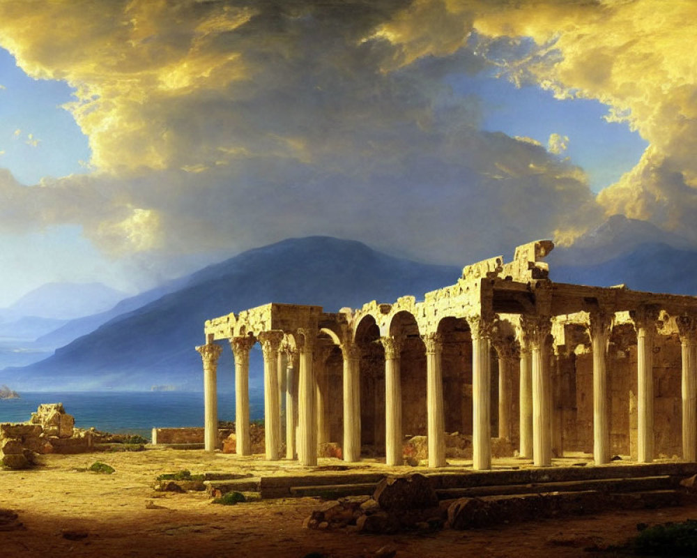 Classical columns ruins near sea with mountain backdrop under dramatic sky