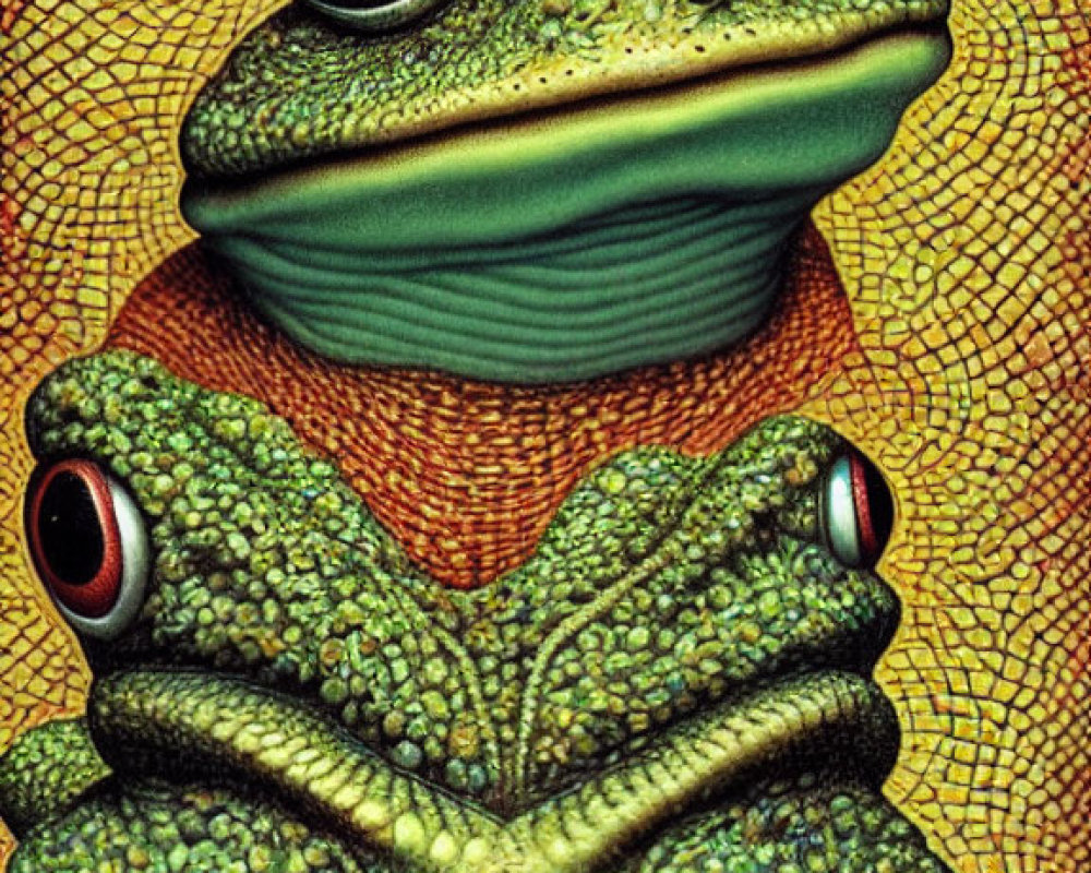 Detailed surreal green frog illustration with orange eyes on crackled yellow background