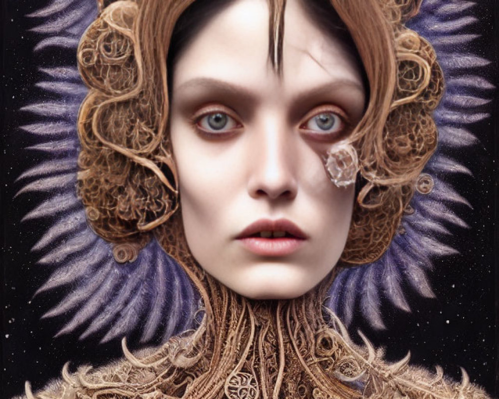 Steampunk-themed digital art of woman with ornate headgear and cogwheel details