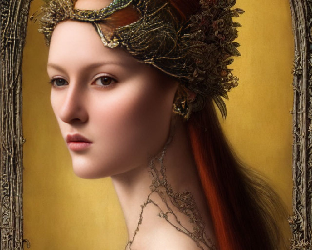 Portrait of Woman with Red Hair and Golden Floral Headpiece on Yellow Backdrop in Ornate Arch Frame