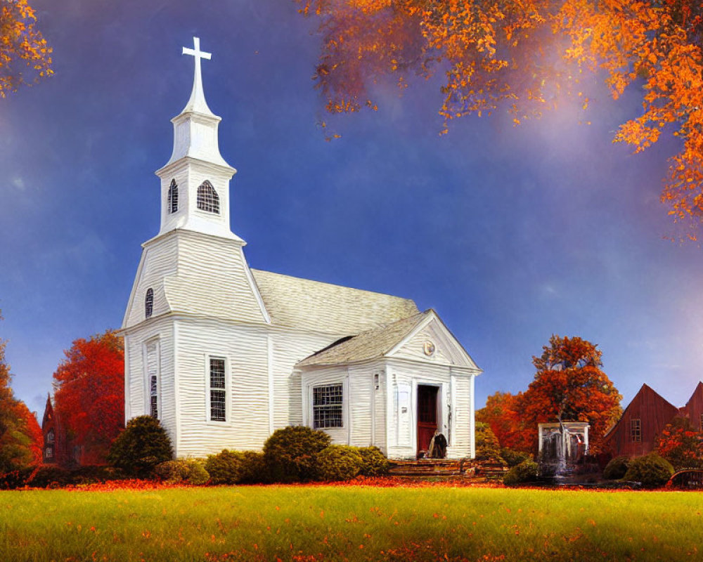 White Church with Steeple Surrounded by Autumn Trees