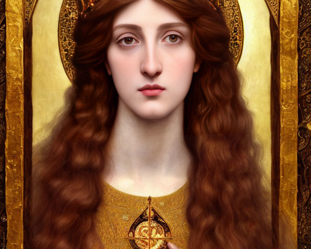 Woman with Long Wavy Hair Holding Cross in Crowned Portrait