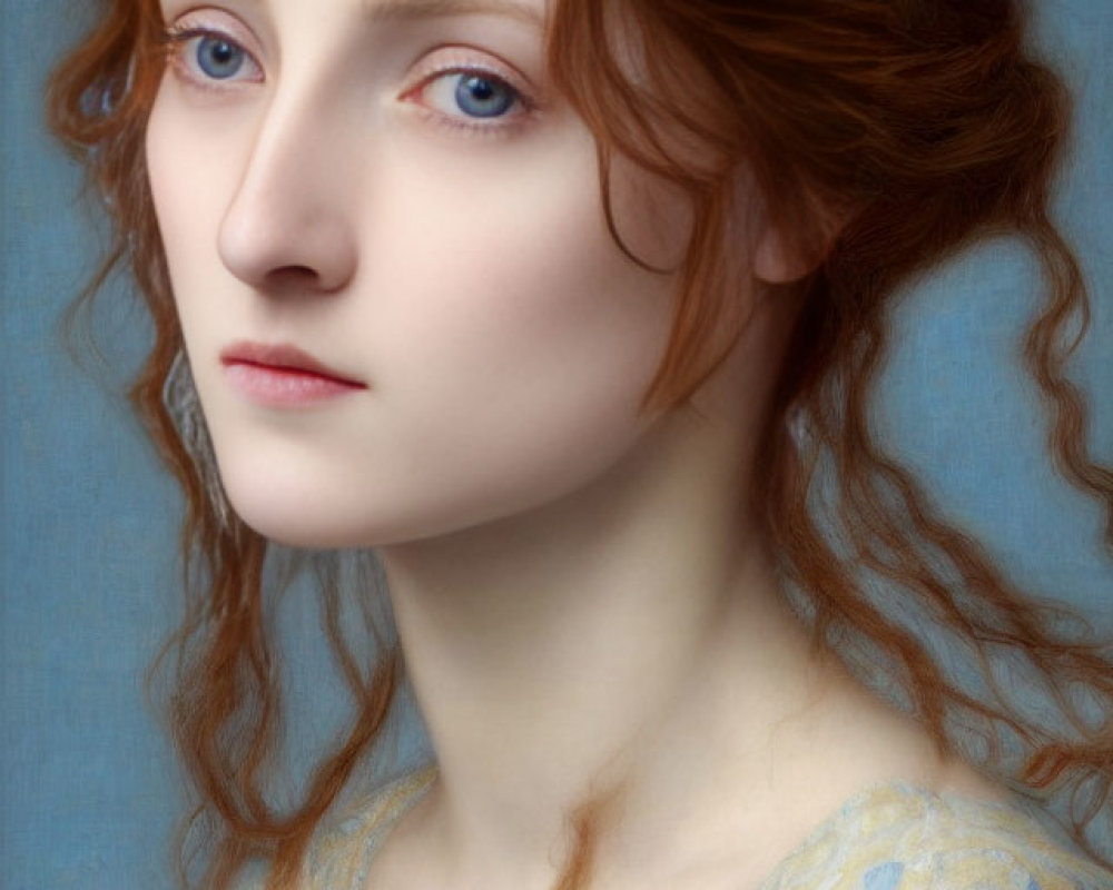 Portrait of Woman with Auburn Hair, Blue Eyes, and Lace Dress